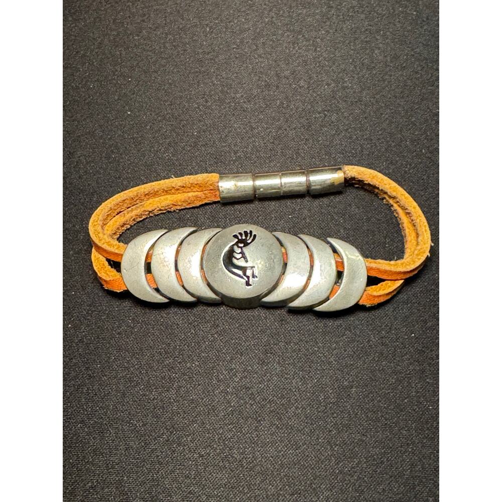 Kokopelli Signed Joy 6in Bracelet w/ Leather Band Magnetic Closure